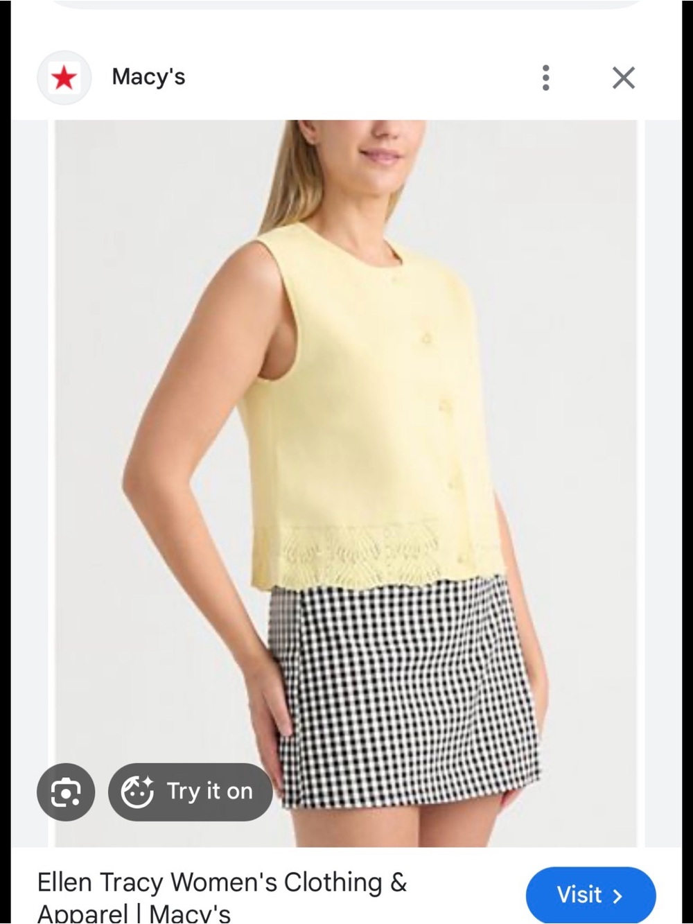 Ellen Tracy Pale Yellow Sleeveless Button-Front Shell
